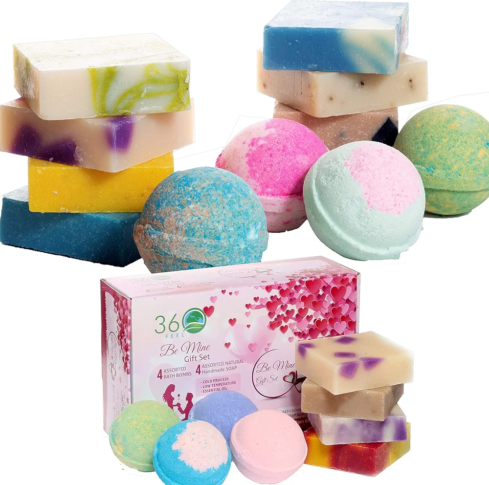 Be Mine 4 Bath Bombs Plus 4 Handmade Soap Gift Essential Oil Organic Bath Bomb gifts for Men Women