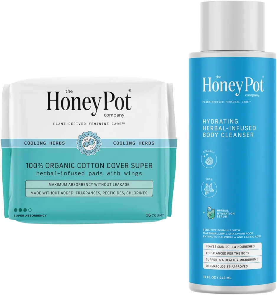 The Honey Pot Company - Super Pads & Coconut Shea Body Cleanser Bundle - Herbal Infused Sanitary Pads for Women - Hydrating Body Wash to Moisturize & Cleanse Skin - Feminine Care - FSA & HSA Eligible