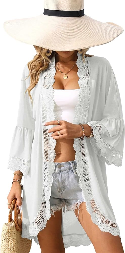 Spadehill Women's Summer Lace Bell Sleeve Light Weight Kimono Cardigan