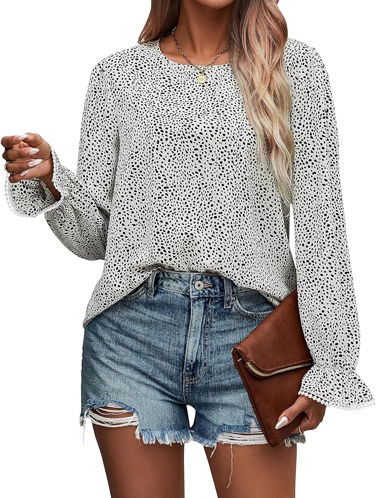 PRETTYGARDEN Women's Casual Shirts 2024 Long Sleeve Crewneck Boho Print Lace Crochet Fall Blouses Cute Loose Tunic Tops