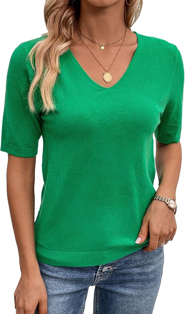 SweatyRocks Women's Casual V Neck Short Sleeve Knitted Top Plain Lightweight Spring Sweater