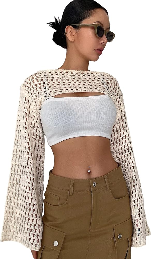 COZYEASE Women's Hollow Out Crochet Top Knit Long Sleeve Cropped Shrug Sweater Y2k Tops