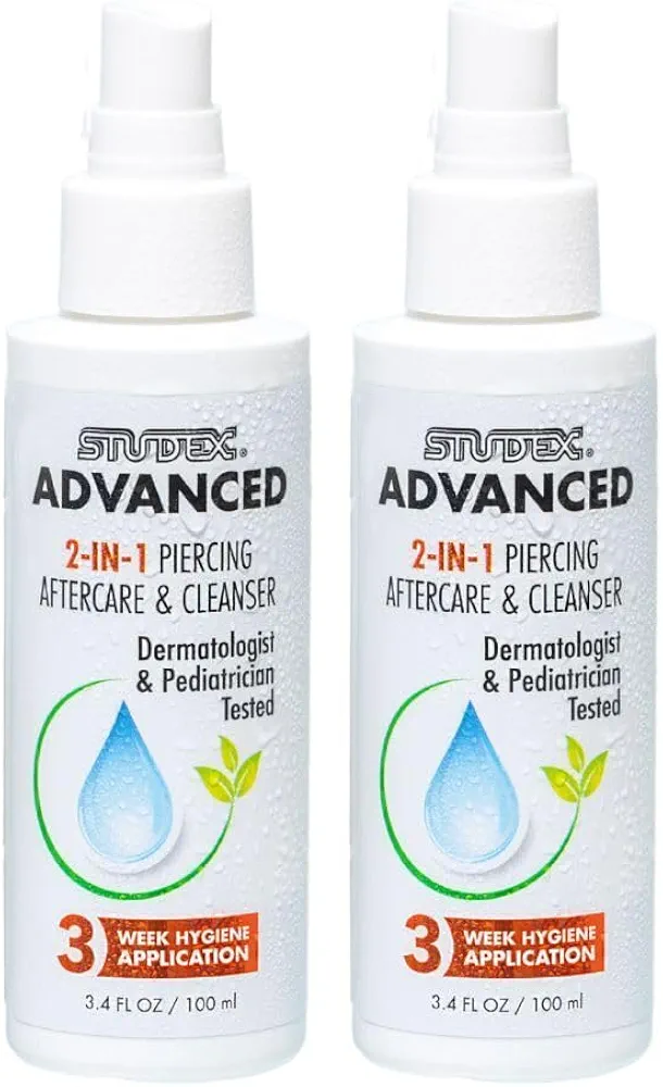 Studex Advanced 2-in-1 Piercing Aftercare & Cleanser – Hypochlorous Spray for Body and Ear Piercing, Hypoallergenic Formula for Sensitive Skin (Pack of 2)