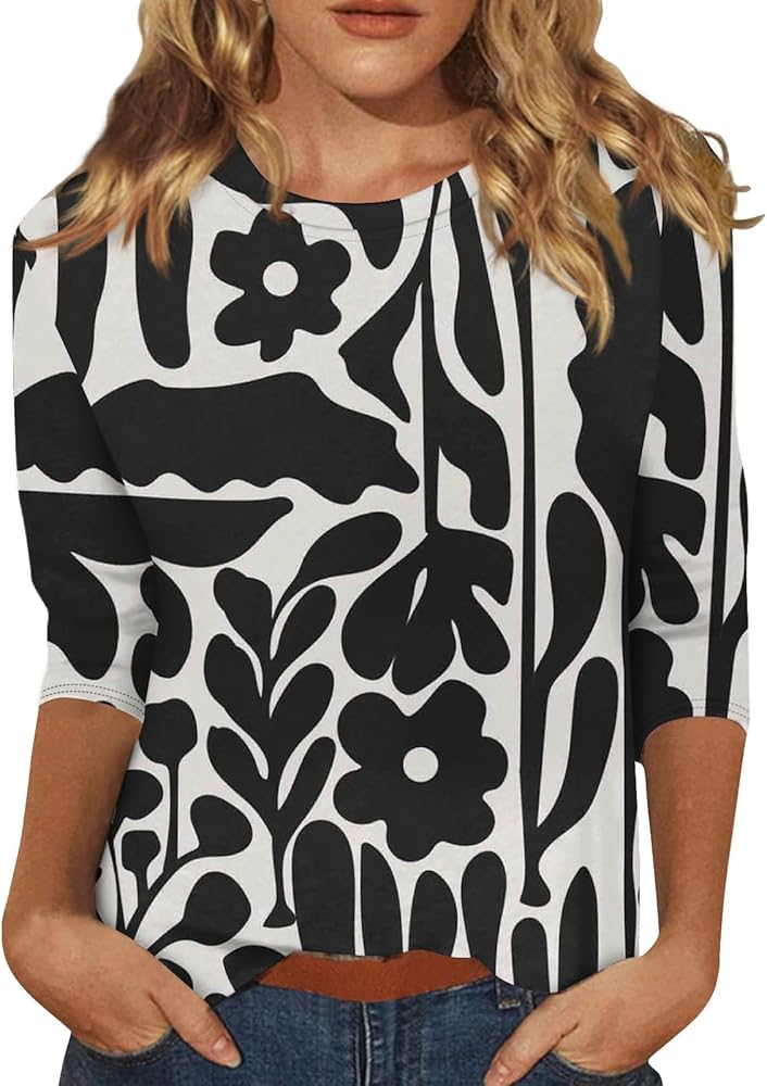 Fall Outfits for Women,Ladies Fall Clothes 3/4 Sleeve Floral Graphic Basic Tees Comfy Tunic Blouses Dressy Casual