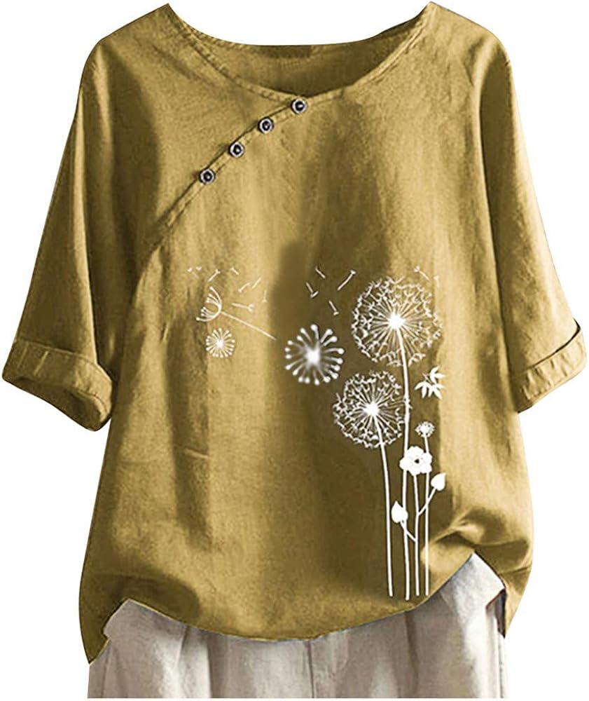 Summer Tops for Women Cotton Linen Casual Floral Short Sleeve T-Shirt Lightweight Crewneck Blouse Tee Plus Size Shirt