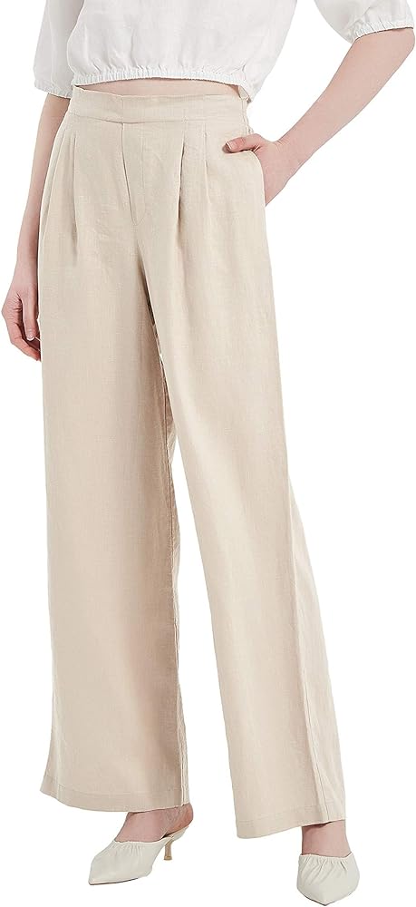 Women's Drape Linen Pants Summer Wide Leg Trousers Compact Fabric with Pockets