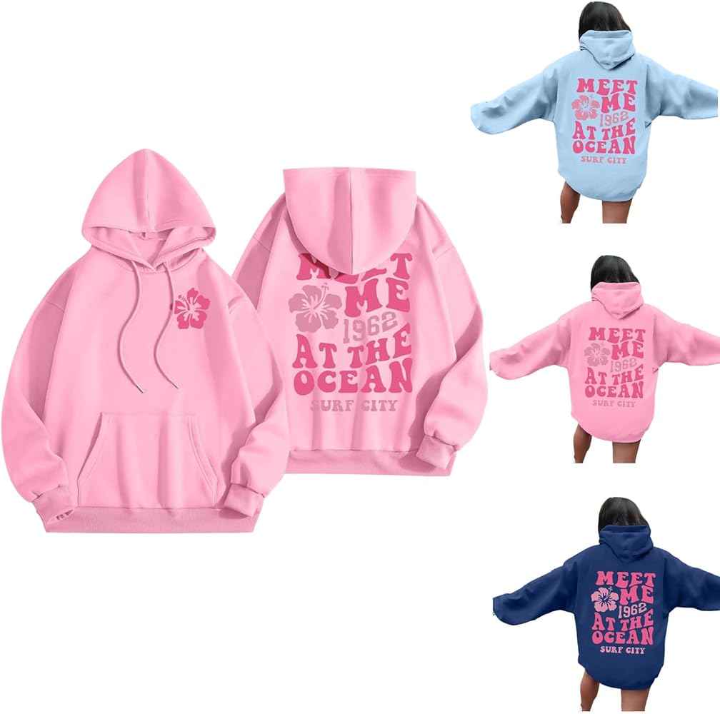 Pink Graphic Hoodie for Women 2024 Cute Long Sleeve Preppy Sweatshirts Drawstring Pullover With Pockets Teen Girls