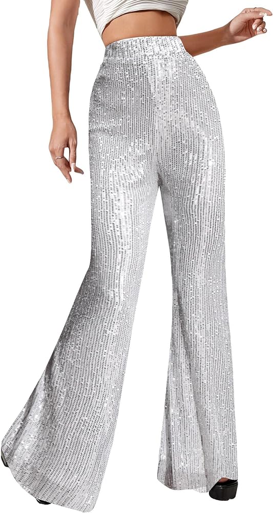 Floerns Women's Sequin High Waist Flare Leg Pants Bell Bottom Club Trousers