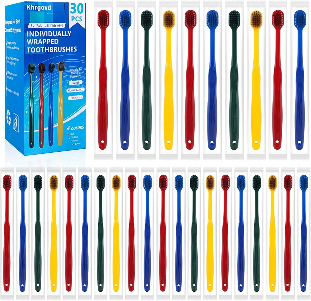 30pcs Individually Wrapped Bulk Toothbrushes, Colorful Manual Disposable Travel Toothbrush Set for Adult, Kid, Medium Soft Bristles, for Travel, Hotels (30 pcs,4 Colors)