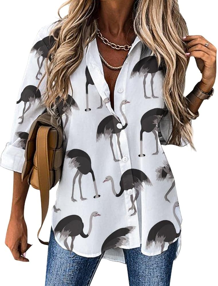 Cartoon Ostrich Bird Classic Shirts for Women Long Sleeve Blouse Casual V Neck Tee Tops Work Office