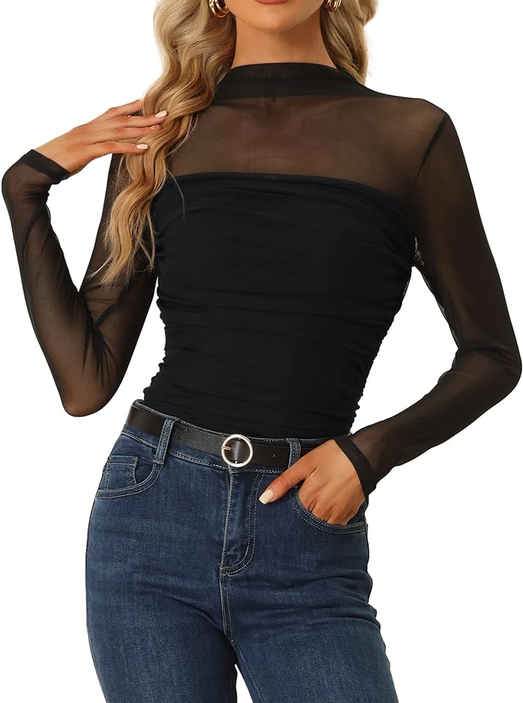 Allegra K Sheer Top for Women's Mesh Panel Ruched Long Sleeve Mock Neck Shirring T-Shirt Tops