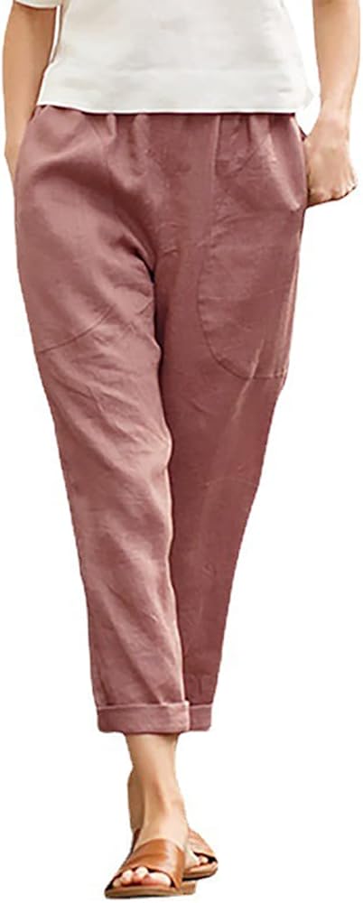 Women's Cotton Linen Pants - Elastic Waist Light and Breathable Tapered Pants with Pockets