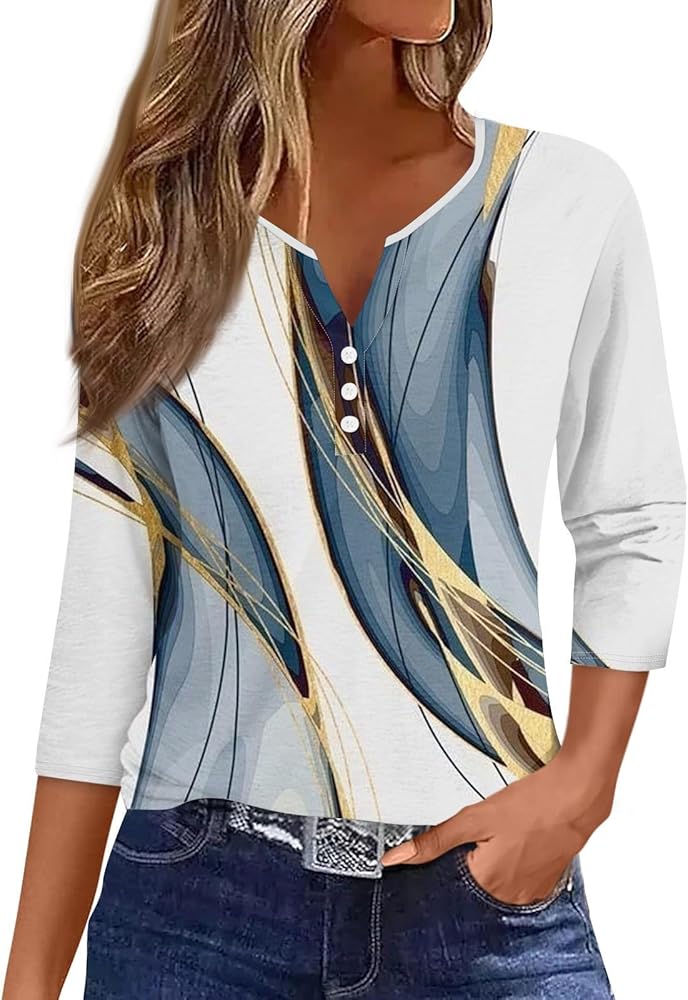 QWKLEAJ Summer Blouse for Women Button Down Summer V Neck Shirts Henley Blouses Dressy Fashion Print Clothes