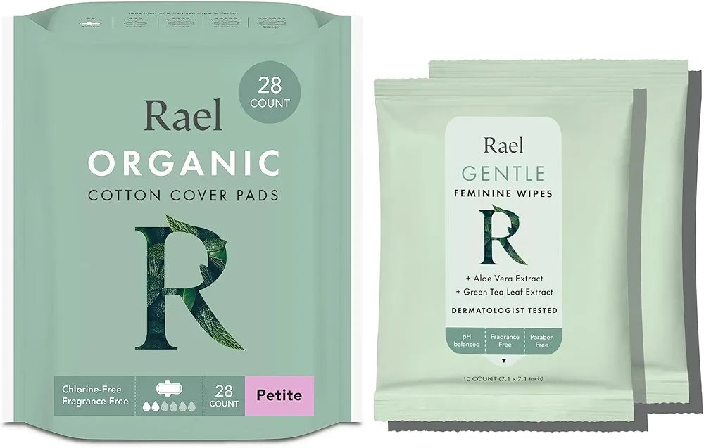 Rael Period Care Bundle - Organic Cotton Cover Petite Pads (28 Count) & Flushable Feminine Wipes (20 count)