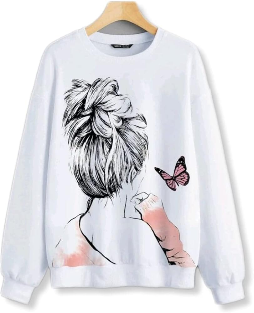 White Women's Sweatshirt with Butterfly Design. Women's Fall/Winter Coat and White Sweater for Ladies.Polyester