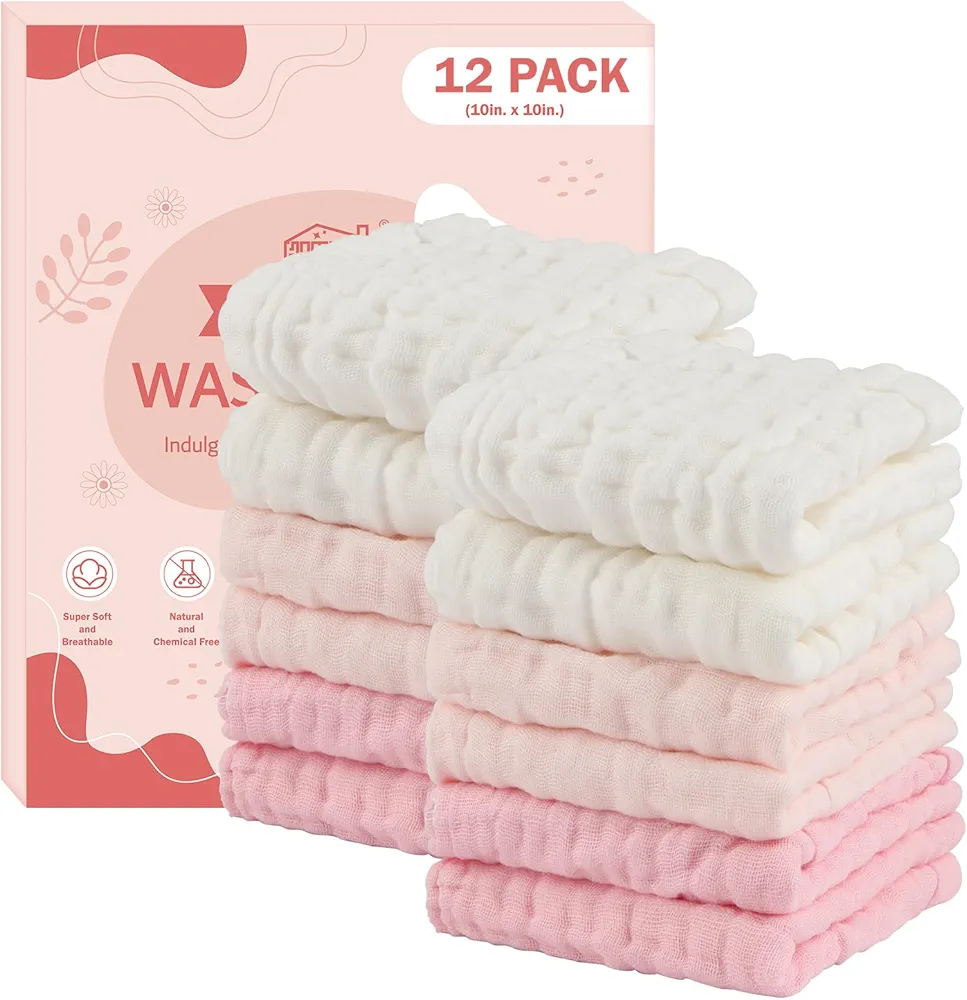 HOMEXCEL Face Wash Cloths 12 Pack, Reusable Makeup Remover Cloths Soft Muslin Washcloths for Sensitive Skin, 10 x 10 Inch Face Towels for Washing Face (White-Beige-Pink)