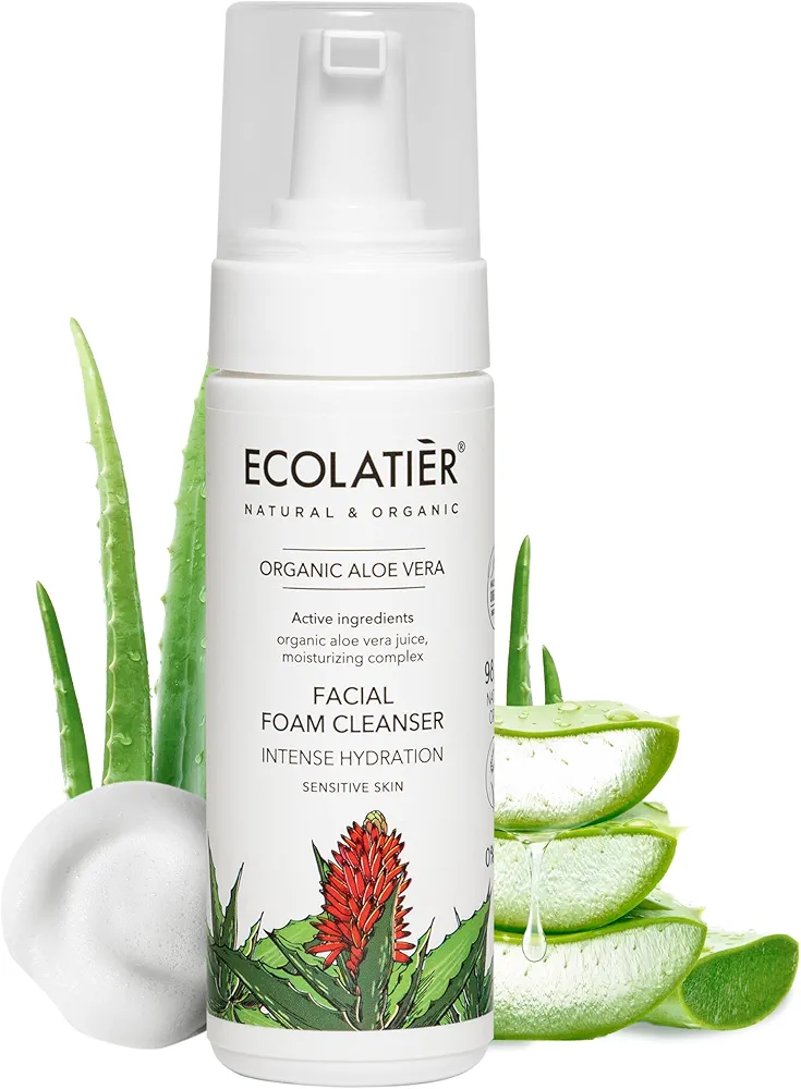 Facial Foam Cleanser - 98.6% Natural ingredients - Intensive Hydration - Organic Aloe Vera, Vegan - Deeply Moisturizes and Effectively Removes Makeup - ECOLATIER - 5.1 Fl Oz / 150 ml