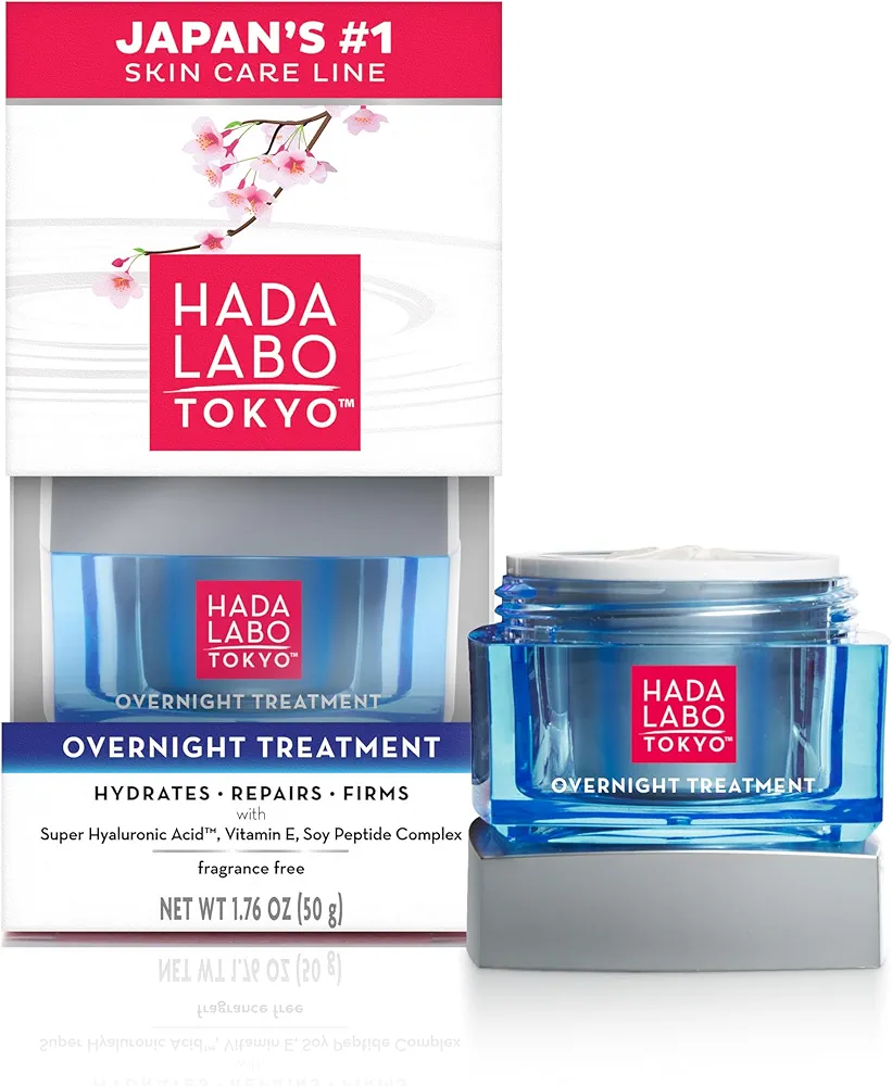 Hada Labo Tokyo Anti-Aging Overnight Treatment, Hyaluronic Acid Night Cream for Intense Hydration, Skin Renewal with Collagen, Japanese Honeysuckle, Soy Peptides, Moisturizing Face Cream, 1.76 oz