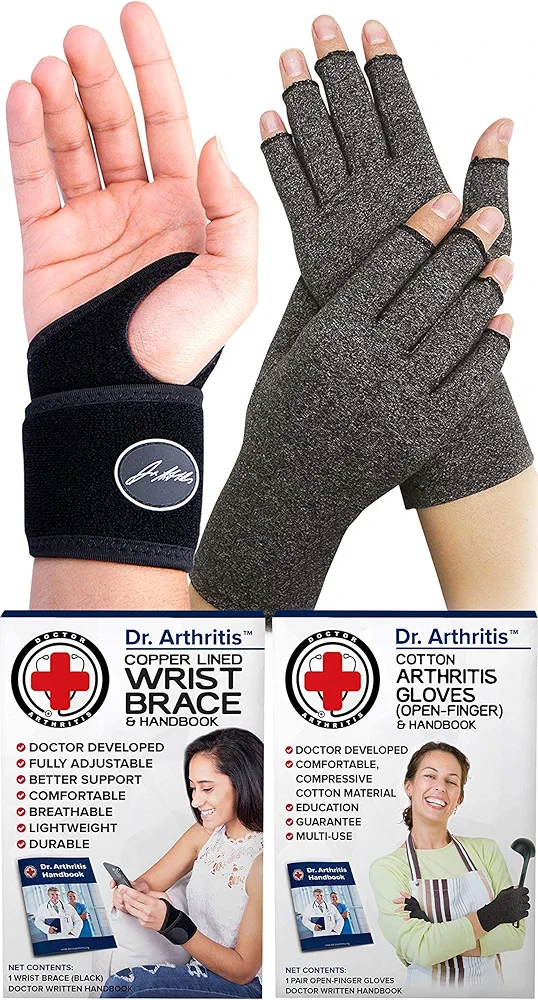 Bundle: Copper Lined Wrist Support (Single) + Compression Arthritis Gloves (M)