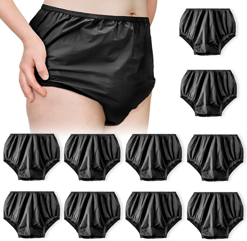 10 Pcs Adult Plastic Diaper Cover Pull-On Cover Plastic Pants Reusable Incontinence Waterproof Plastic Pants(Black, XX-Large)