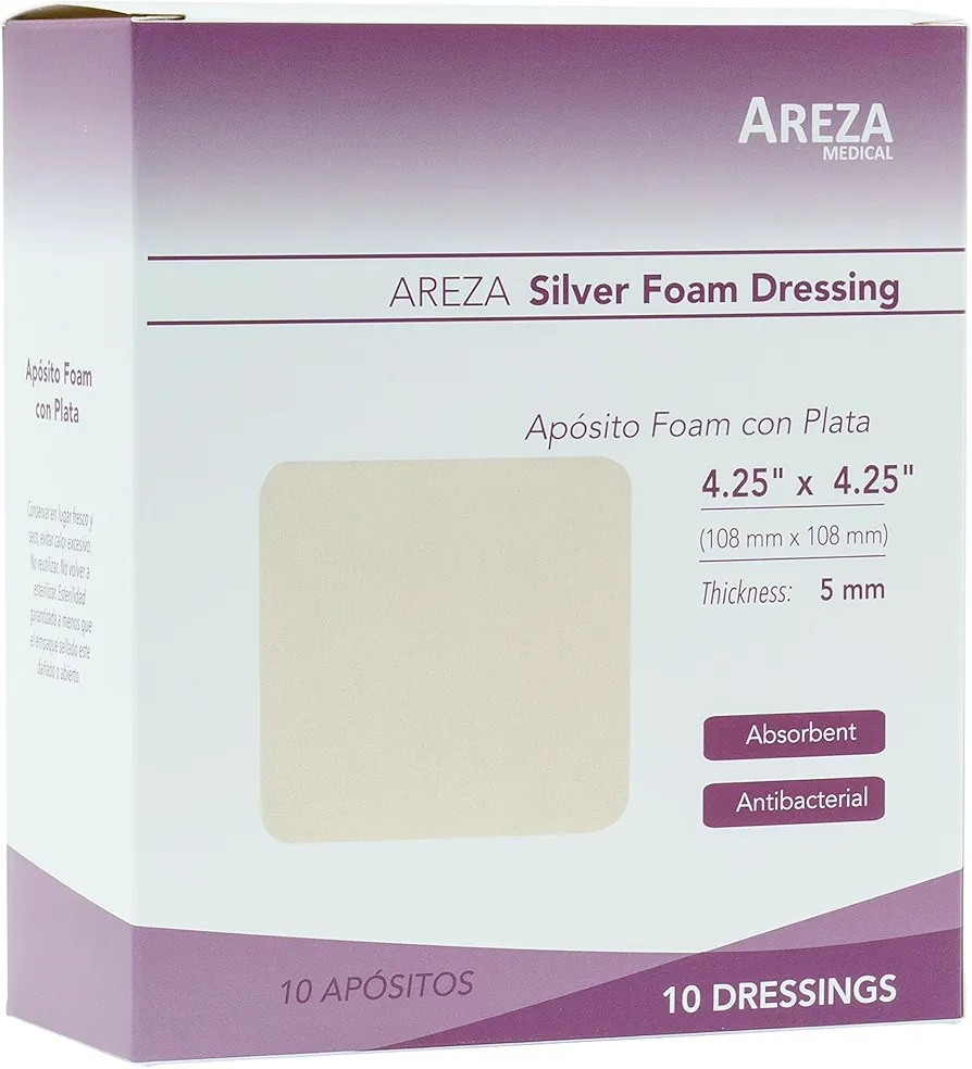 Areza Medical - Silver Foam Wound Dressing Pad - Sterile - 4.25" X 4.25" (10.8 cm X 10.8 cm) - 10 PCS per box