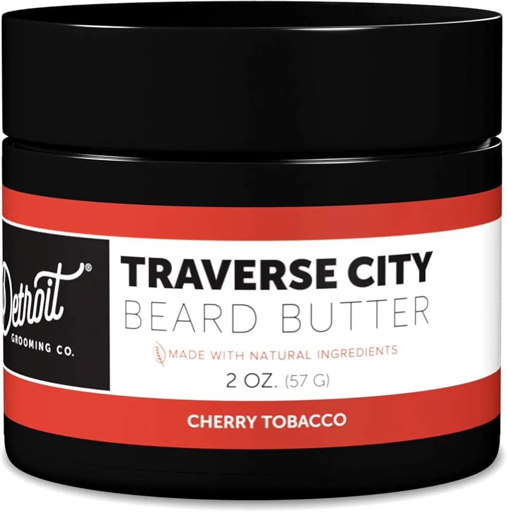 Detroit Grooming Co. Beard Butter - Soften, Thicken, Hydrate, and Rejuvenate Your Beard with Safflower Oil and Shea Butter - Styling Essentials - Cherry Tobacco - Traverse City -2oz