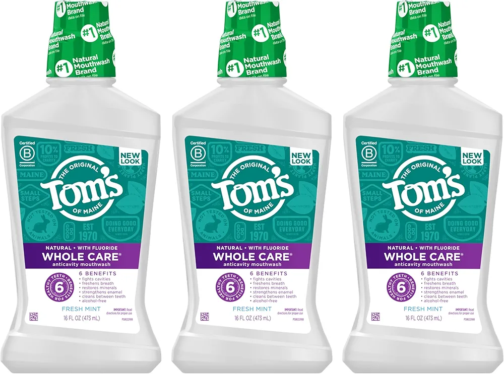 Tom's Of Maine Whole Care Natural Fluoride Mouthwash, Fresh Mint, 16 Oz (Pack of 3) (Packaging May Vary)