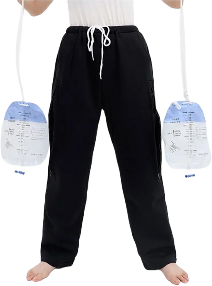 Catheter Pants for Men/Women, Urine Leg Bag Holder Pants with Dual Zippered Pockets Holding Two 2000ml Foley Catheter Bags for Nephrostomy, Cystostomy(Black-XL)