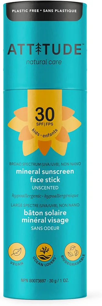 ATTITUDE Sunscreen Stick for Baby and Kids, Broad Spectrum UVA/UVB, Plant and Mineral-Based Formula, Coral Reefs Friendly, Vegan and Cruelty-free Sun Care Products, Face, SPF 30, Unscented, 1 Oz