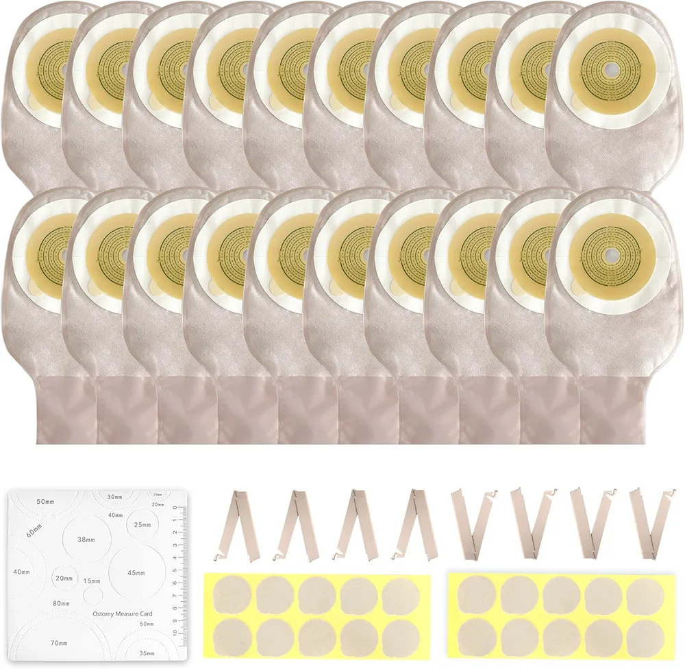 Colostomy Bags, One Piece Ostomy Pouch Ostomy Supplies, 20mm-60mm Cut-to-Fit Drainable Pouches with Clip Closure for Ileostomy Stoma Care(10pcs Colostomy Bags+ 8 Clips)