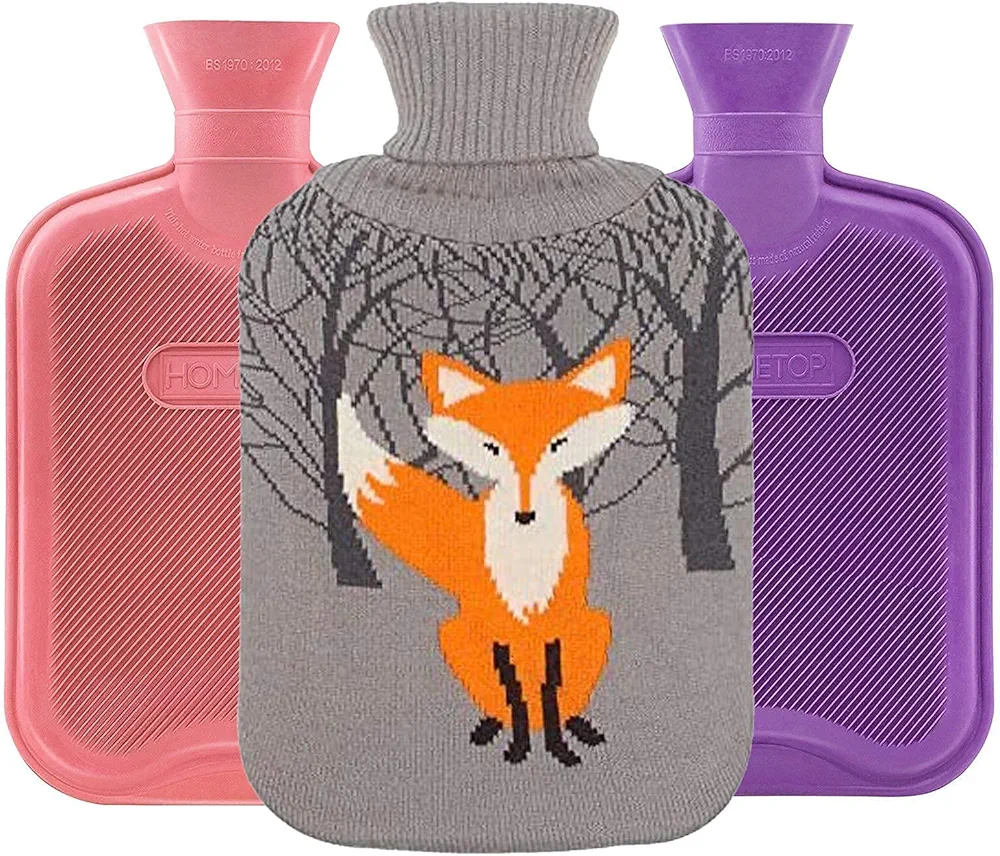 HomeTop Classic 2 Rubber Hot Water Bottles with Knit Fox Cover, Great for Pain Relief, Hot and Cold Therapy (2 Liters, Purple and Red)