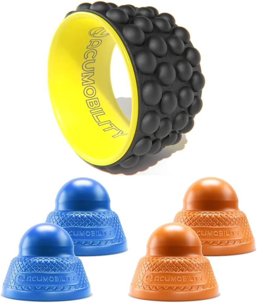 Acumobility Back Stretcher, Back Cracker, Back Roller, Back Foam Roller, Back Stretcher & Back Cracking Device Yellow with Massage Ball Roller 2 Pack Blue & 2 Pack Orange - Trigger Point Massage Balls