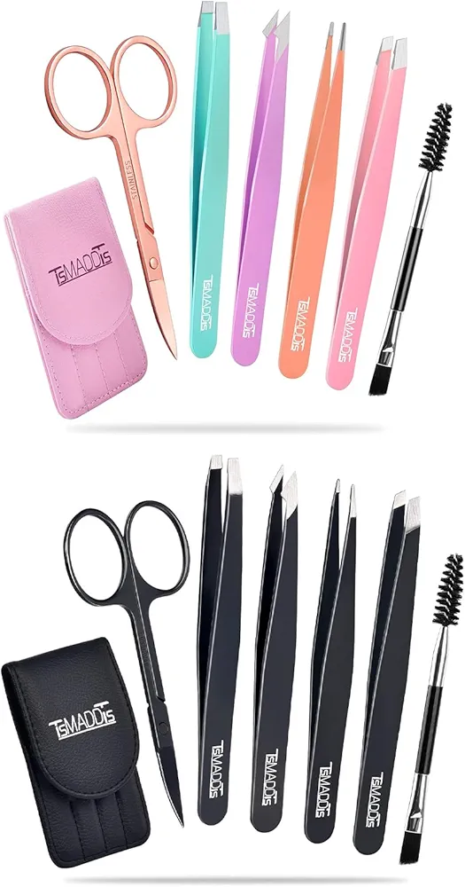 TsMADDTs Eyebrow Tweezer Set, 12 Pcs Tweezers Set for Women, Precision Tweezer for Eyebrows with Curved Scissors for Ingrown Hair, Hair Plucking Daily Beauty Tools with Leather Travel Case