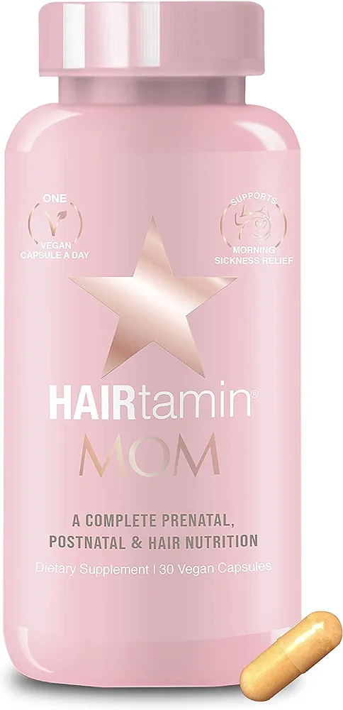 HAIRtamin MOM Vegan Prenatal & Postnatal Multivitamin Supplement & Hair Vitamin Pregnancy, Postpartum, Breastfeeding Probiotic One-a-Day Hair Vitamins with Biotin, Zinc, Iron (30 Counts)