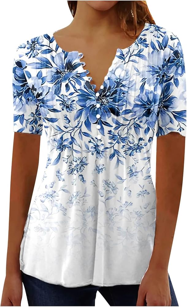 SMIDOW Plus Size Tunic Tops for Women Trendy 2024 Boho Floral Shirts Short Sleeve Notch v Neck t-Shirt Graphic Tees Blouse