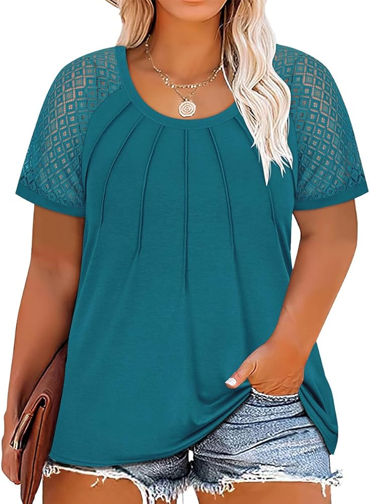 RITERA Plus Size Tops for Women Crewneck Short Sleeve Lace Flower Pleated Front Tshirt Casual Summer Blouse XL-5XL