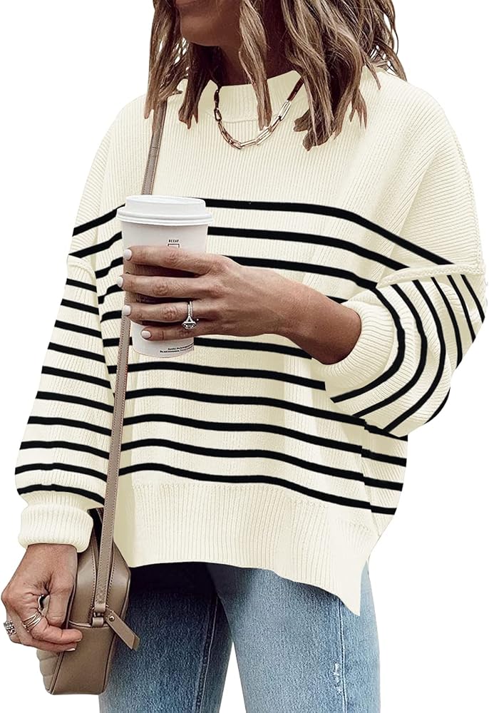 ETCYY Womens Oversized Sweaters Fall 2024 Fashion Clothes Trendy Batwing Sleeve Colorblock Striped Knit Pullover Sweater Tops