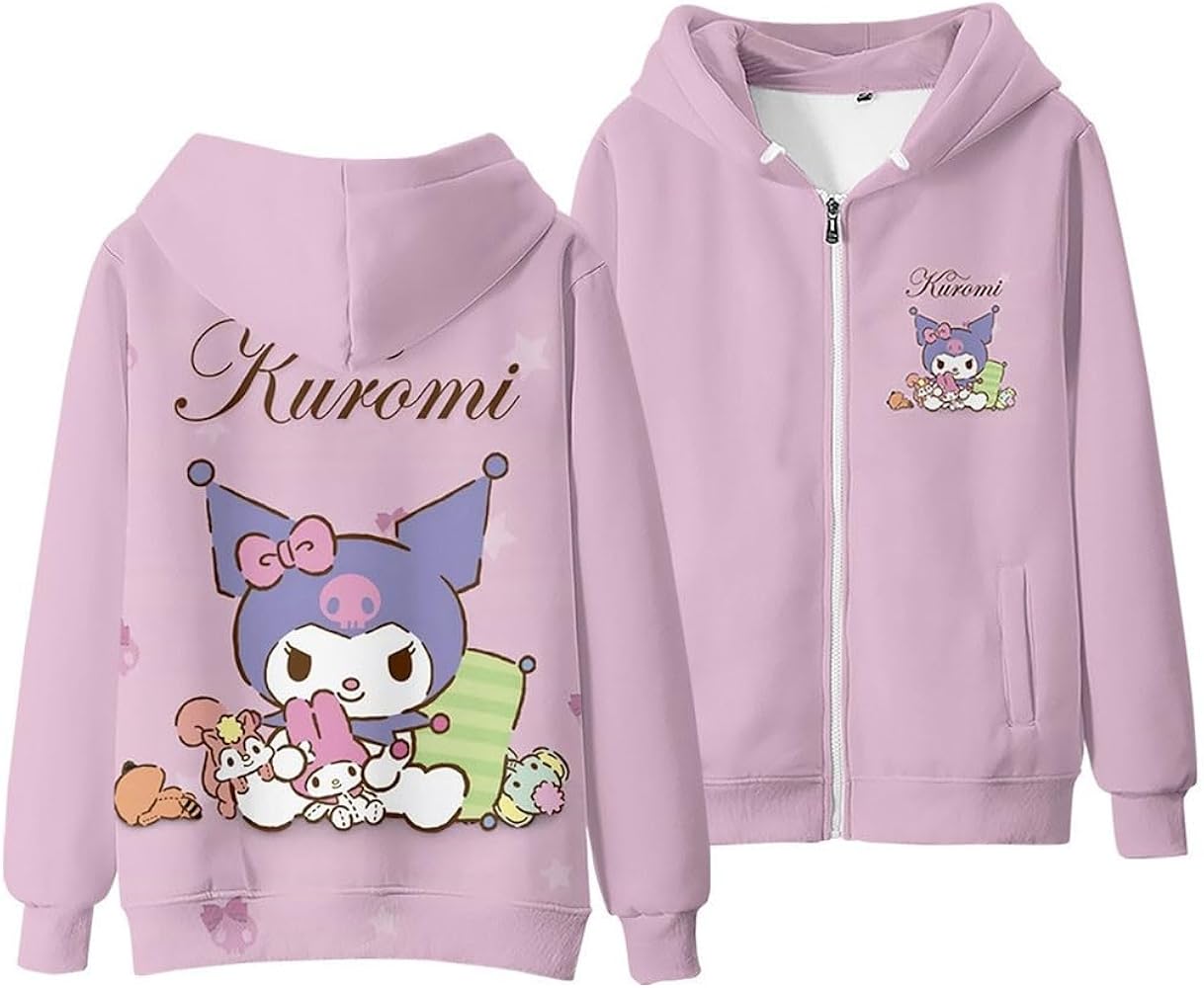 Kuromi Hoodie Sweatshirts Women's Long Sleeve Pullover Girls Kawaii Cartoon Zipper Hooded Sweater