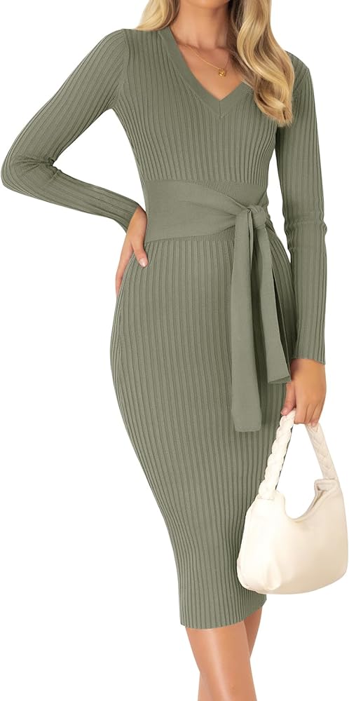 ZESICA Women's 2024 Fall Sweater Dress V Neck Long Sleeve Ribbed Knit Tie Waist Slim Fit Bodycon Midi Dresses