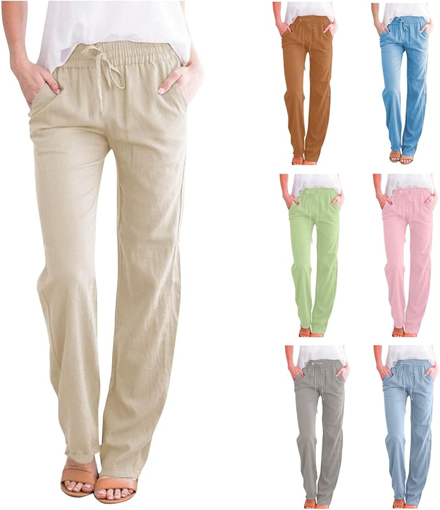 Lastesso Linen Pants Women Lightweight Summer Beach High Waist Straight Leg Cotton Outfits with Pockets Boho Lounge Pants