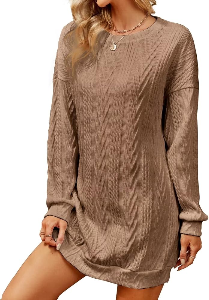 VIMPUNEC Women Crewneck Cable Knit Sweater Dress Long Sleeve Oversized Casual Pullover Dress