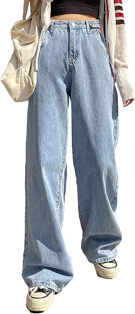 LQI Women's High Waist Baggy Boyfriend Jeans Distressed Wide Leg Denim Pants