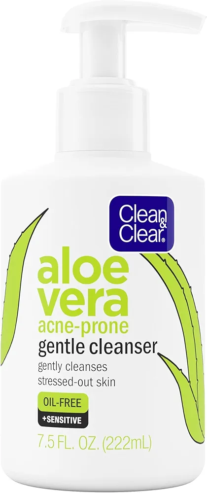 Clean & Clear Aloe Vera Gentle Facial Cleanser for Acne-Prone & Sensitive Skin, Oil-Free Daily Face Wash with Aloe Vera, Vegan, No Animal Testing, Paraben-, Soap- & Dye-Free, 7.5 fl. oz