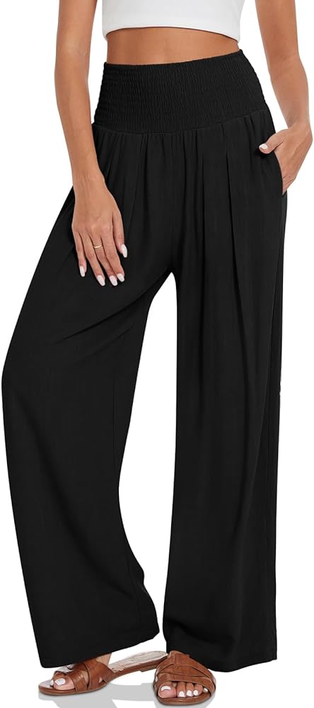 UEU Women's Linen Palazzo Pants Wide Leg High Waisted Lounge Casual Beach Pants with Pockets