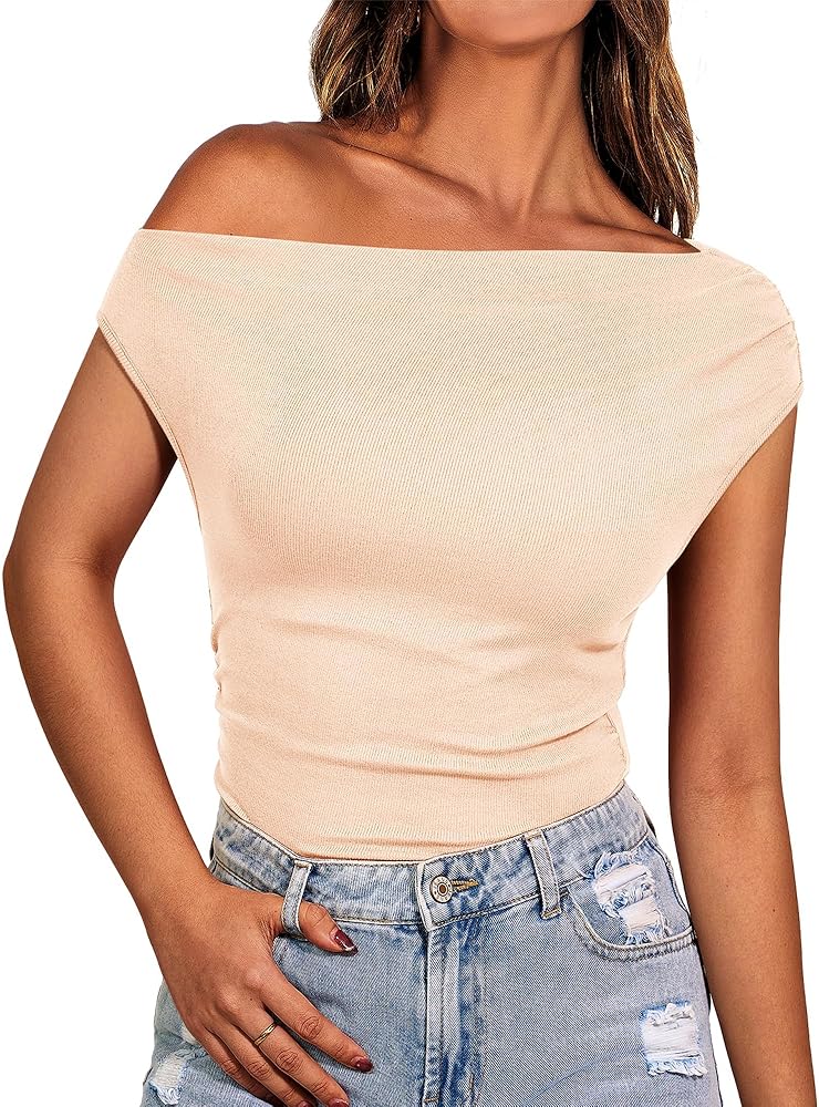 BTFBM Women Off The Shoulder Tops Casual Summer Boat Neck Sleeveless Ruched Ribbed Shirt Slim Fitted Y2K Going Out Top