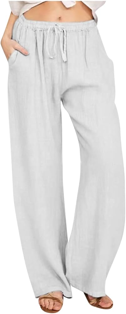 Cotton Linen Pants for Women Lightweight High Waisted Pants Tie Knot Wide Leg Pants Summer Lounge Pants with Pockets