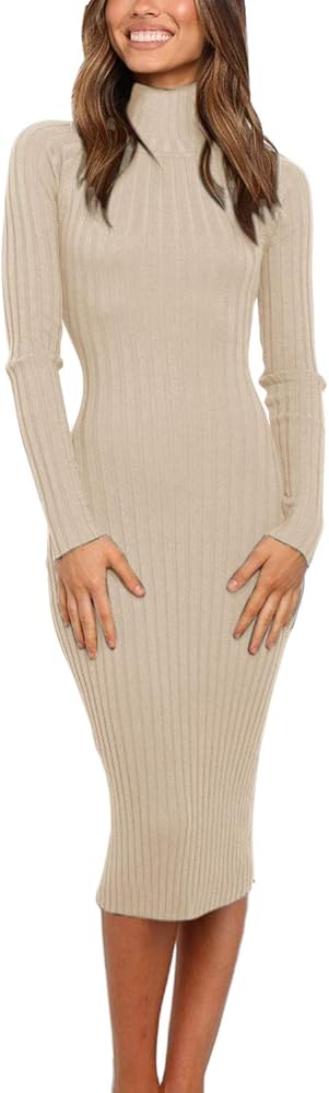 MEROKEETY Women's 2024 Ribbed Long Sleeve Sweater Dress High Neck Slim Fit Knitted Midi Dress