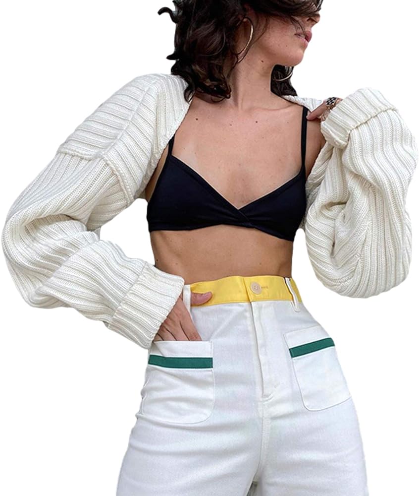 Women Y2K Crochet Shrug Sweater Knitted Long Sleeve Solid Color Open Front Cropped Cardigan Crop Tops Streetwear