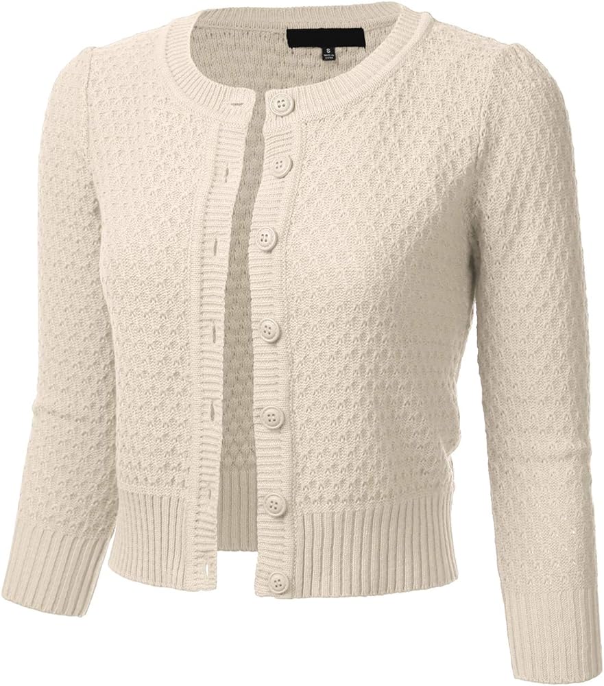 FLORIA Women's Button Down 3/4 Sleeve Crew Neck Cotton Knit Cropped Cardigan Sweater (S-3X)