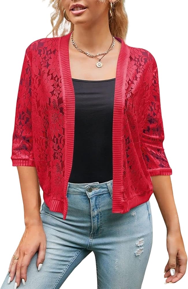 Chevara Women’s Casual Summer Lace Cardigan 3/4 Sleeve Floral Crochet Cardigans Shrug Sweaters